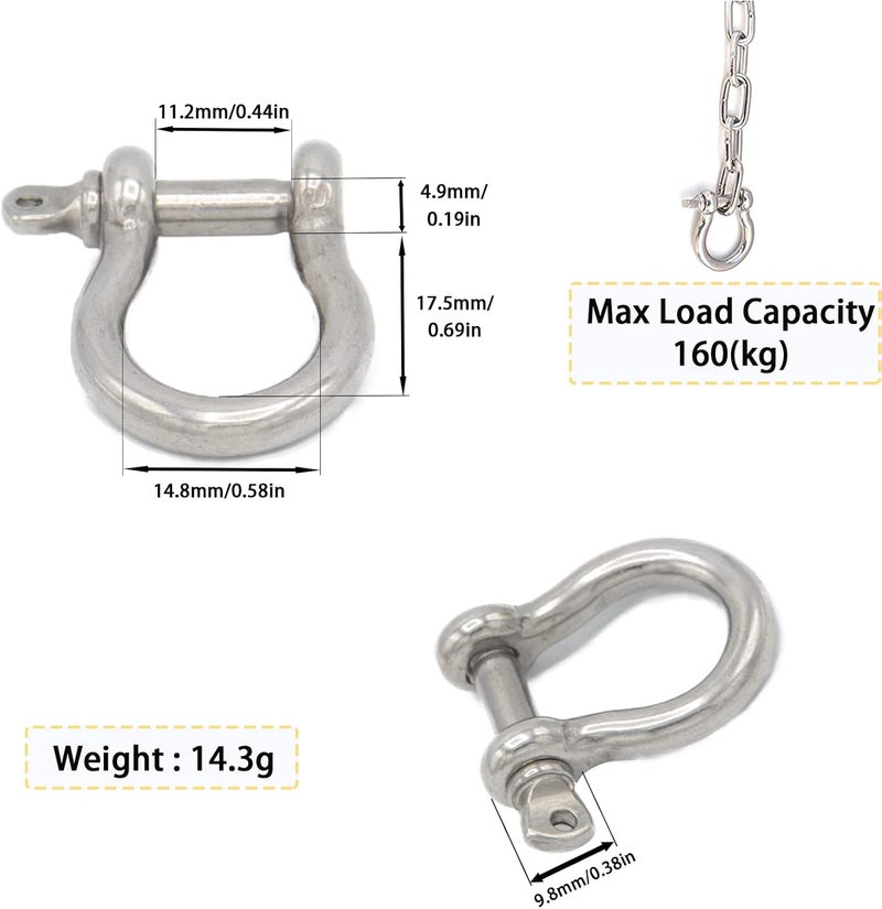 Cheerock 8pcs Screw Pin Anchor Shackle, Stainless Steel M5 Bow Shackle, 3/16 Inch D Ring Clevis Shackle, Anchor Shackle with Screw Pin for Chains Wirerope Paracord Outdoor Camping - Image 2